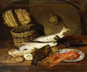 Un saumon, un maquereau, un homard sur une assiette, un panier en osier, des huîtres, une bouteille de Chianti et un filet de pêcheur sur une table en bois, 1854