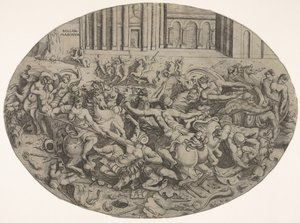 Combat entre Amazones et hommes devant des arcades architecturales, une composition ovale - Enea Vico