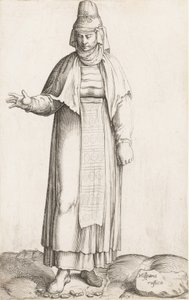 Planche de costume : Hispana Rustica avec étiquette sur le rocher, ca. 1557-58