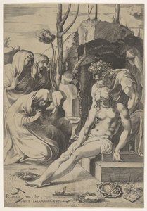 Mise au tombeau du Christ, dont la poitrine est saisie par Joseph d