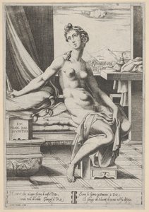 Lucrèce nue et assise devant une fenêtre, un poignard dans la main droite