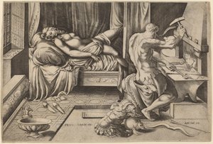 Vénus allongée avec Vulcain à sa forge - Enea Vico after Parmigianino