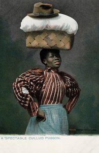Fille noire avec un panier de linge, surmonté d