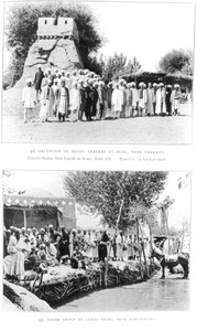 Commerçants hindous à Bigil, près de Yarkand et un groupe à un bazar près de Kharghalik, des Ruines du désert de Cathay par Sir Aurel Stein, publié en 1912