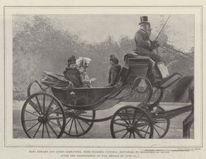 Le roi Édouard et la reine Alexandra, avec la princesse Victoria, retournant à Marlborough House après la présentation des médailles de guerre le 12 juin