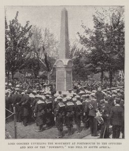 Lord Goschen dévoilant le monument à Portsmouth aux officiers et hommes du Powerful tombés en Afrique du Sud