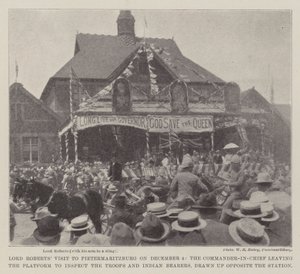 La Visite de Lord Roberts à Pietermaritzburg le 4 décembre, le Commandant en Chef quittant la Plateforme pour inspecter les Troupes et les Porteurs Indiens, alignés en face de la Gare