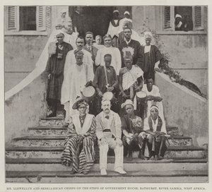 M. Llewellyn et les chefs sénégambiens sur les marches de la maison du gouvernement, Bathurst, rivière Gambie, Afrique de l