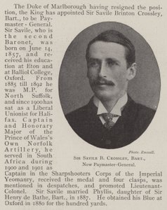 Sir Savile B Crossley, baronnet, nouveau payeur général