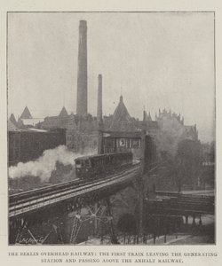 Le chemin de fer aérien de Berlin, le premier train quittant la station de production et passant au-dessus du chemin de fer d