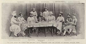 Feu Rajah Sir Gunpat Rao Khudkay, KCSI, présidant le Conseil de Régence, Gwalior, Inde