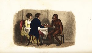 Couple néerlandais du XVIIIe siècle buvant du vin avec un orang-outan de Bornéo à la table à manger