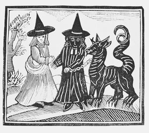 Une sorcière noire et une sorcière blanche avec un animal diabolique, illustration d