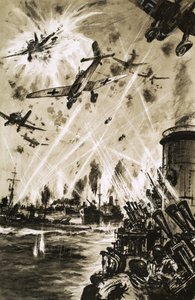 Un convoi britannique pendant la Seconde Guerre mondiale attaqué par des Stukas allemands