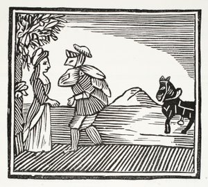 Un gentleman allant consulter Mère Bunch, illustration de Chap-books du XVIIIe siècle par John Ashton, pub. 1882 - English School