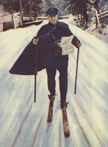 Un facteur allemand sur des skis (lithographie en couleur)