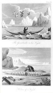 Un Groenlandais et son kayak, de Histoire du Groenland par David Crantz, 1820 - English School