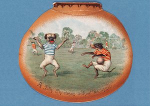 Un joyeux Noël sans incident!, carte de Noël représentant un match de football entre chiens, vers 1890