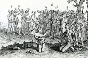 Un roi de Floride consultant son magicien avant de partir au combat, illustration tirée des Voyages et Voyages de Moore