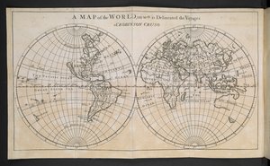 Carte du monde, sur laquelle sont délimités les voyages de Robinson Crusoé
