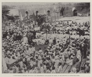 Réconciliation entre les populations hindoue et musulmane de Patan, dans la province de Kathiawar, Inde (gravure) - English School