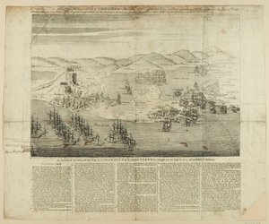 Dessin en perspective de la ville, du port et des forts de Carthagène en 1739, publié en 1741 - English School