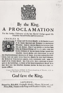 Proclamation du Roi pour la découverte du dernier complot horrible contre Sa Majesté et le gouvernement, 27 novembre 1678 - English School