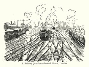 Une jonction ferroviaire, Bethnal Green, Londres (lithographie) - English School