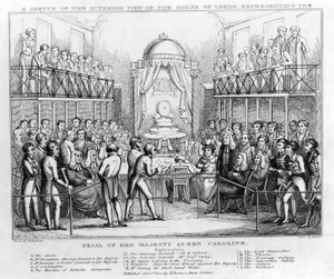 Croquis de la vue intérieure de la Chambre des Lords, représentant le procès de Sa Majesté la reine Caroline, pub. 1820 - English School