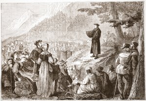 Un réformateur suisse prêchant à son troupeau en plein air, illustration de L