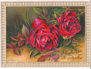 Carte de Noël et du Nouvel An victorienne représentant deux grandes roses rouges, vers 1880 - English School