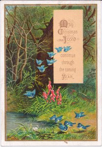Carte de Noël victorienne avec des oiseaux bleus dans un cadre boisé, vers 1880 (lithographie en couleur)