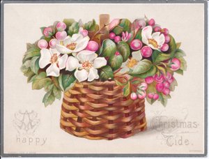 Carte de Noël victorienne avec des fleurs et des feuilles dans un panier en osier, vers 1880 (lithographie en couleur)