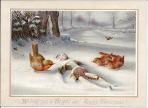 Carte de Noël victorienne représentant des robins regardant une marionnette en bois dans la neige, vers 1880 (lithographie en couleurs)