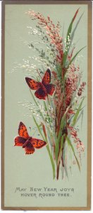 Carte de Nouvel An victorienne de deux papillons parmi de hautes herbes, vers 1880