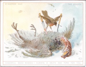Calendrier victorien des saisons représentant un couple âgé en costume médiéval marchant dans la neige et un jeune couple également en costume médiéval profitant d