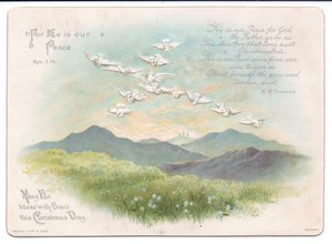 Carte de Noël religieuse victorienne avec des colombes volant en forme de croix, vers 1880 (lithographie en couleur)