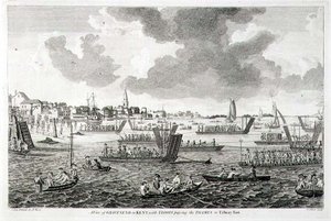 Vue de Gravesend dans le Kent, avec des troupes traversant la Tamise vers Tilbury Fort - English School