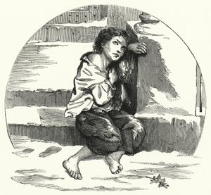 Un garçon mendiant dans la neige (lithographie) - English School