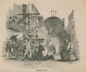 Une foule attisant un feu de joie devant Temple Bar - English School