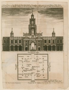 Vue de face du Royal Exchange de Londres avec un plan nouveau et exact de celui-ci - English School