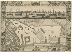 Plan géométrique et élévation nord-est du chantier naval de Sa Majesté à Deptford avec une partie de la ville - English School