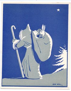 Carte de Noël en pochoir, colorée à la main, représentant le Père Noël en silhoutte, marchant avec un bâton et portant un sac contenant un lapin et un ours, vers 1920 (pochoir).
