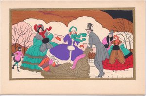 Carte de Noël française pochoir colorée à la main de patineurs victoriens avec un traîneau, vers 1920