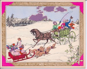 Carte de Noël française pochoir colorée à la main représentant un traîneau avec des enfants tiré par des chiens et une charrette tirée par un cheval traversant un paysage enneigé, vers 1920