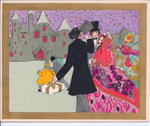 Carte de Noël française pochoir colorée à la main de convives marchant vers un château pour une fête, vers 1920