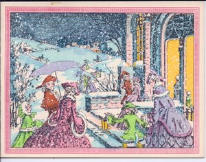 Carte de Noël française pochoir colorée à la main de fêtards arrivant dans la neige à un manoir, vers 1920