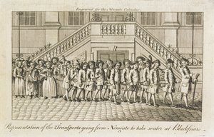Une ligne de condamnés enchaînés de la prison de Newgate, Old Bailey, emmenés à Blackfriars pour être transportés, vers 1760 - English School