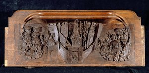 Une miséricorde représentant une ville fortifiée avec une porte et une herse levée, New College Chapel, Oxford, fin du 14ème siècle