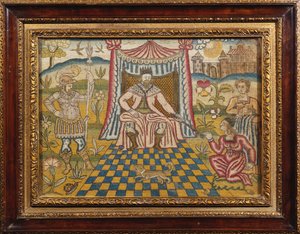 Une broderie représentant le roi Assuérus assis sous un dais, tendant son sceptre à Esther